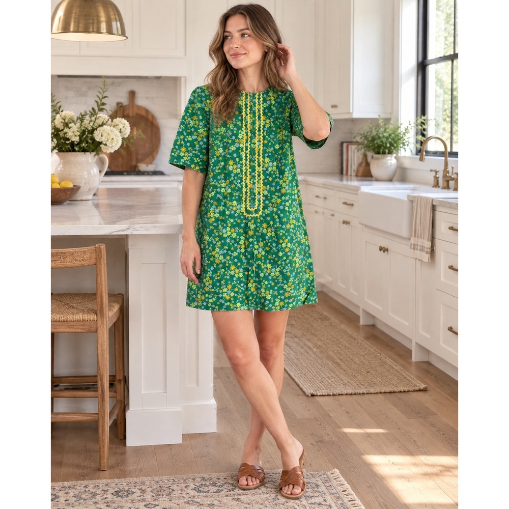 Vintage 60s 70s Green Floral Daisy Ric Rac Shift Mini House Dress Cottagecore